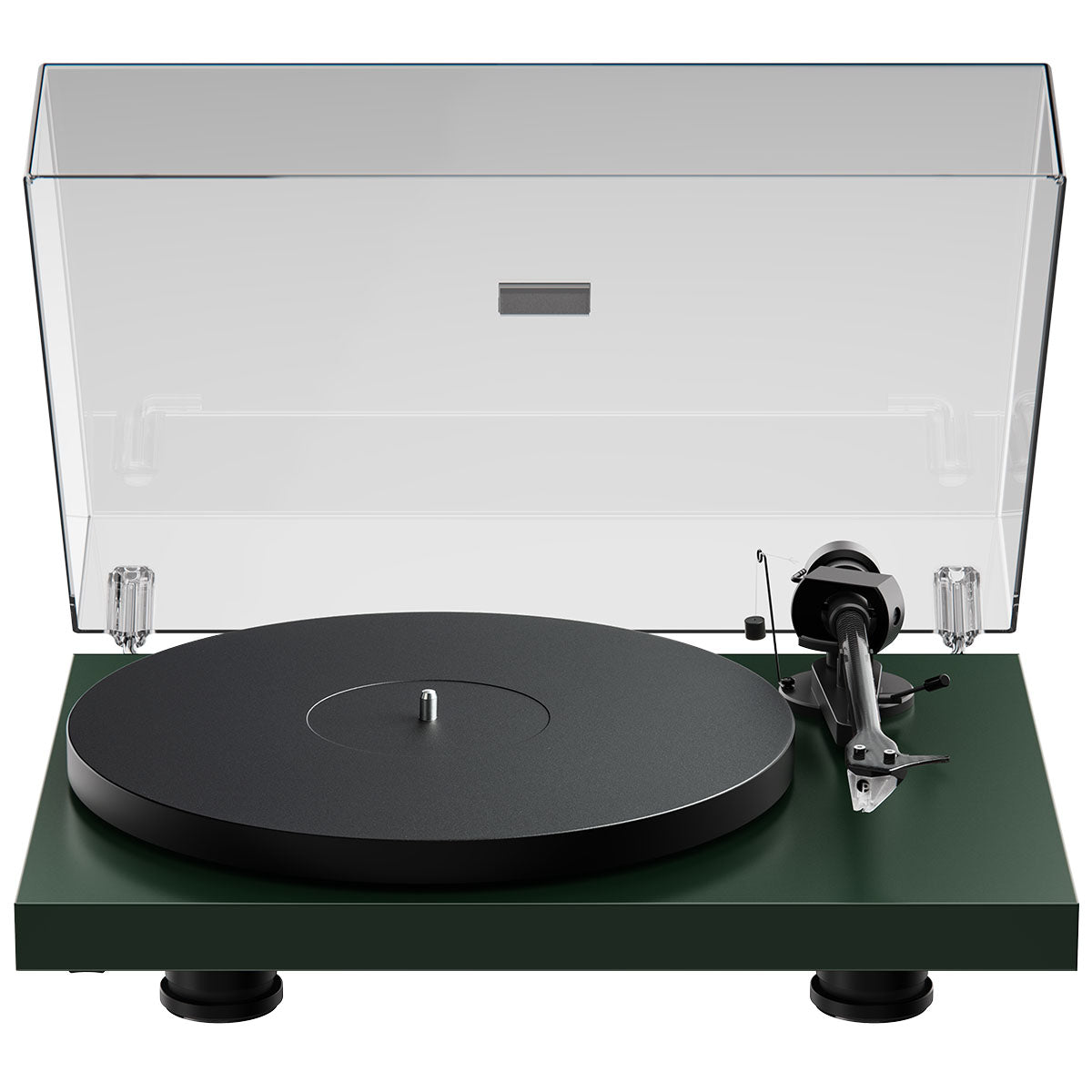 Pro-Ject Debut EVO 2 Hi-Fi Turntable - Satin Green - high-angle top-front view with dustcover