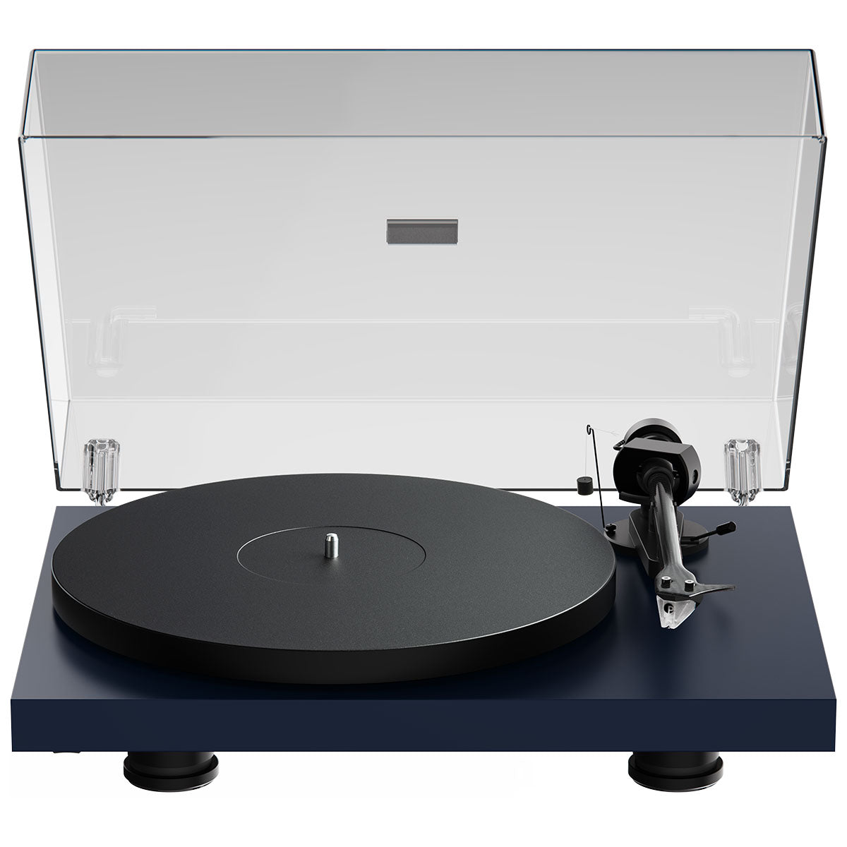 Pro-Ject Debut EVO 2 Hi-Fi Turntable - Satin Blue - high-angle top-front view with dustcover