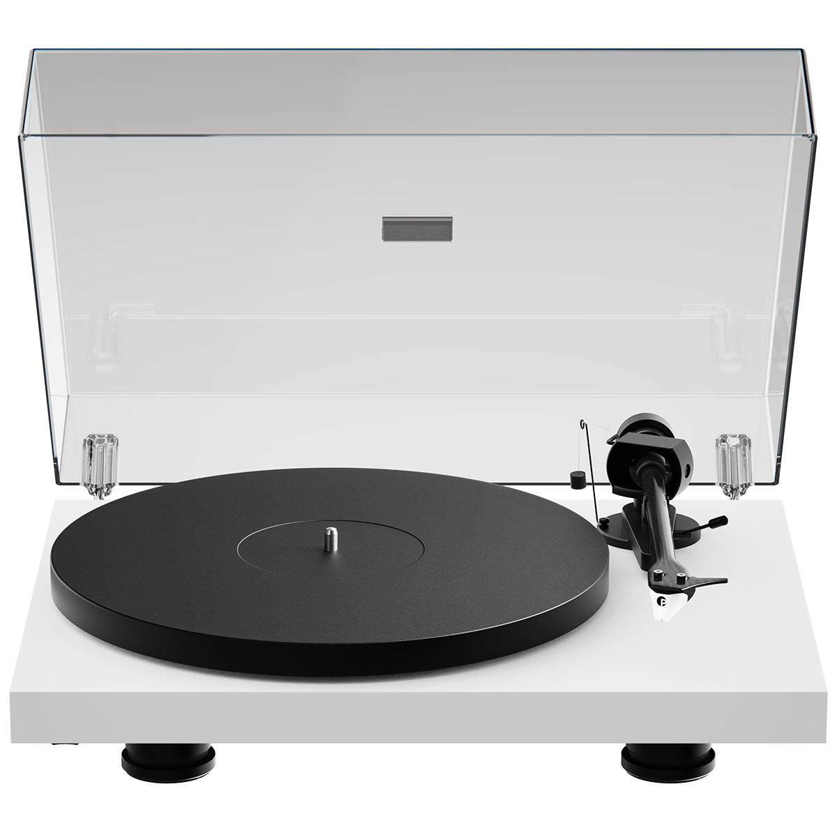 Pro-Ject Debut EVO 2 Hi-Fi Turntable - Satin White - high-angle top-front view with dustcover