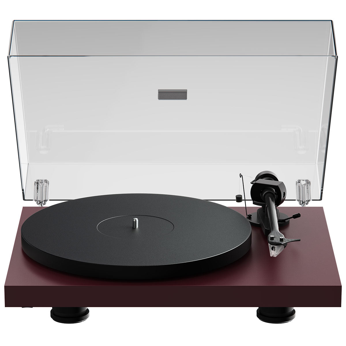 Pro-Ject Debut EVO 2 Hi-Fi Turntable - Satin Wine Red - high-angle top-front view with dustcover
