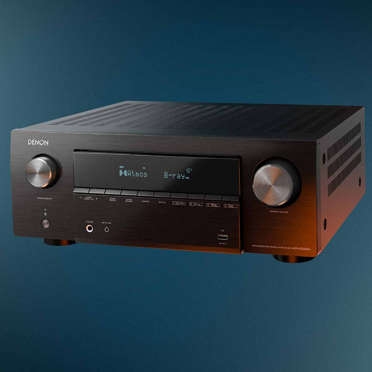 Denon AVR-X2900H 7.2-Channel AV Receiver front view angled left on dark blue background