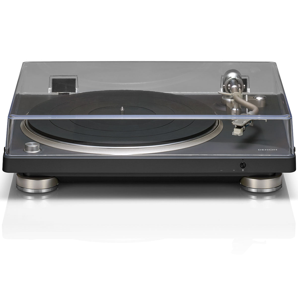 Denon DP-500BT Premium Belt-Drive Hi-Fi Turntable with Bluetooth - front and top view with closed dust cover