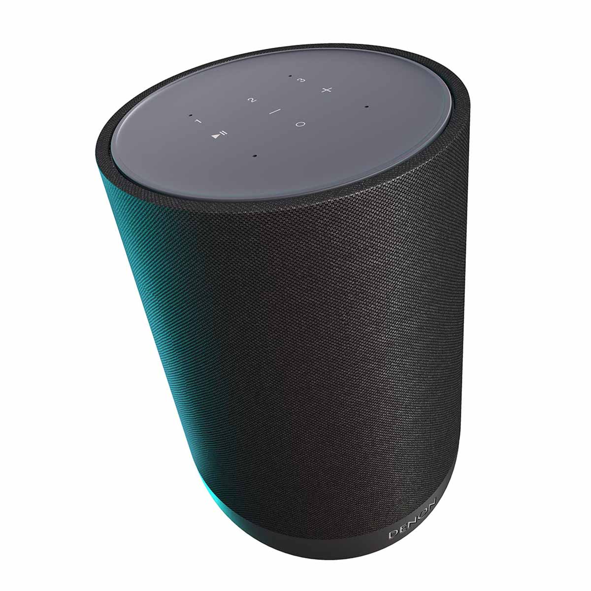 Denon Home 200 Stereo Wireless Smart Speaker - Black - high angle top and side view angled right