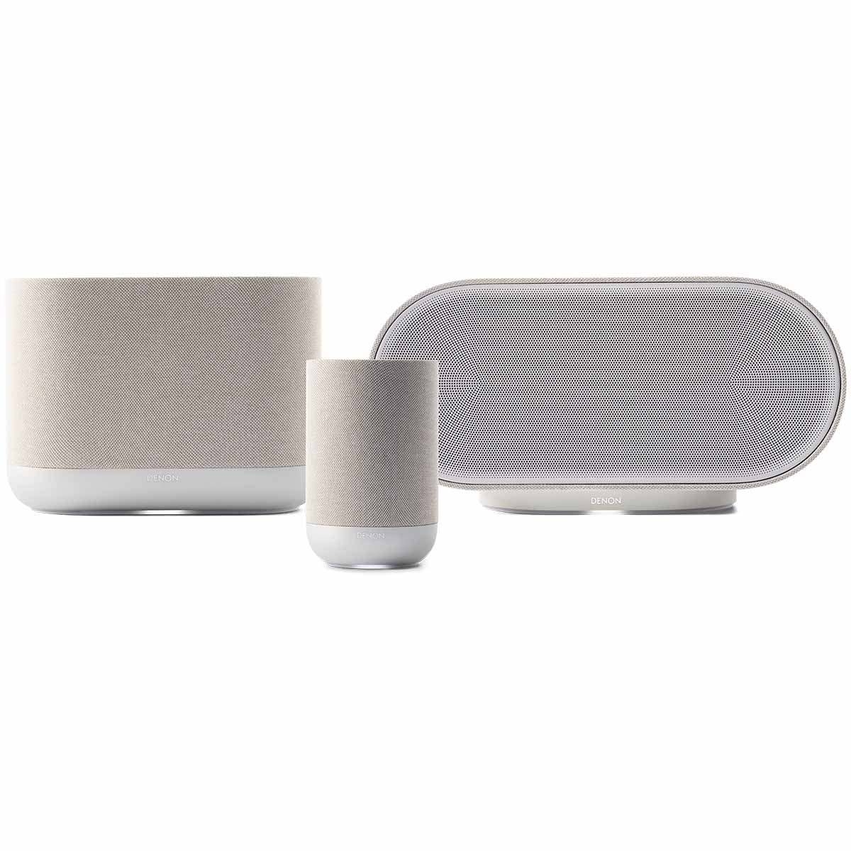 Denon Home Stereo Wireless Smart Speakers - Silver - front view of each unit in series, from left to right the 400, 200 and 600