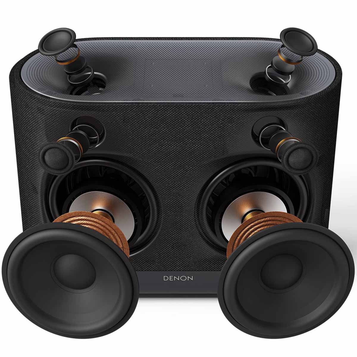 Denon Home 400 Stereo Wireless Smart Speaker - Black - front and top view of graphic showing internal speakers and their components