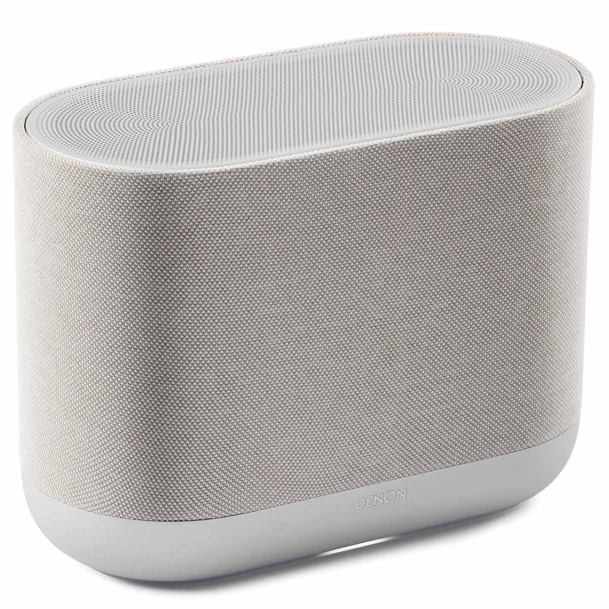 Denon Home 400 Stereo Wireless Smart Speaker - Silver - front and top view angled right