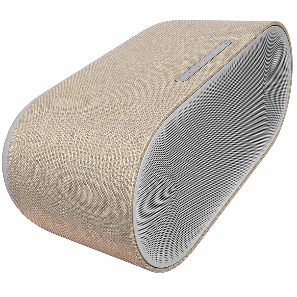 Denon Home 600 Stereo Wireless Smart Speaker - Silver - high angle top and side view angled right