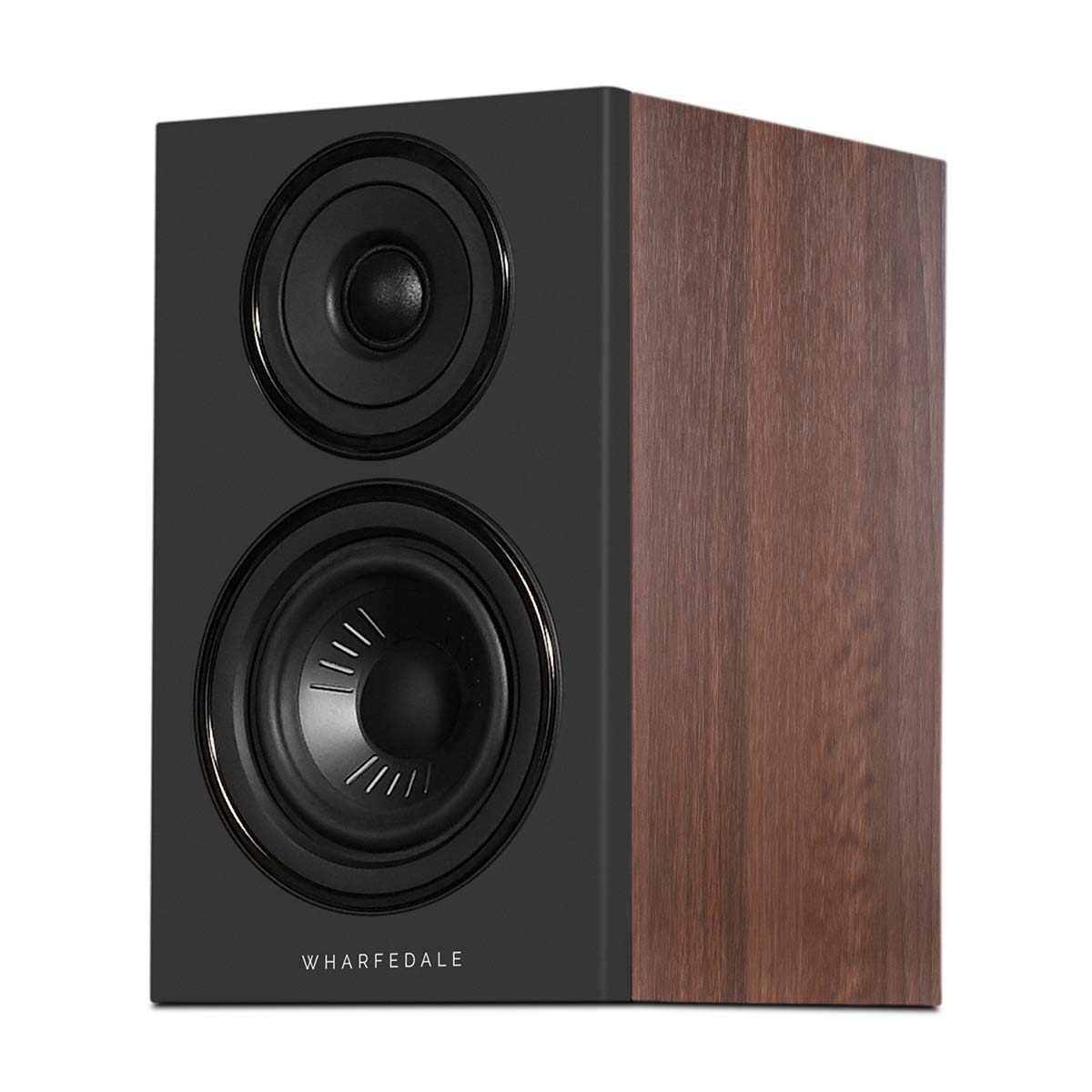 Wharfedale Diamond 12.0i 2-Way Bookshelf Speakers - single walnut speaker front view angled left without grille