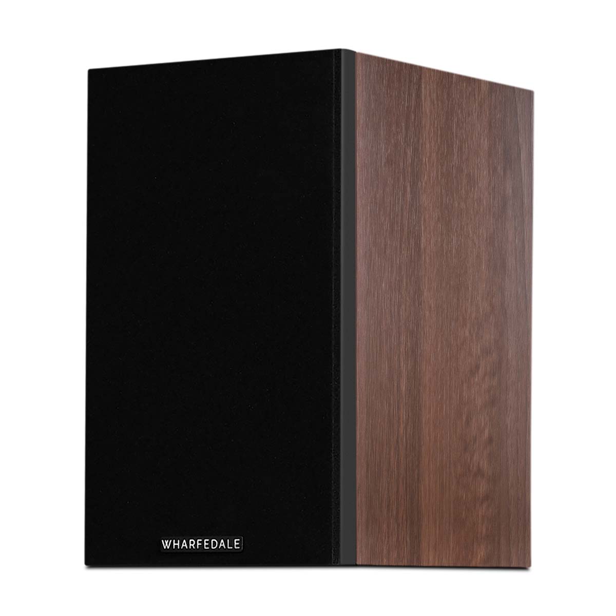 Wharfedale Diamond 12.0i 2-Way Bookshelf Speakers - single walnut speaker front view angled left with grille