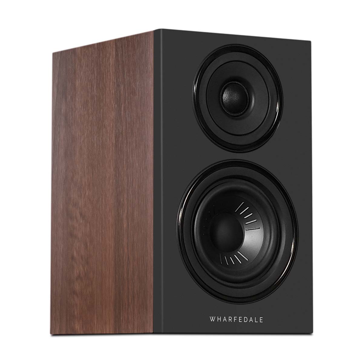 Wharfedale Diamond 12.0i 2-Way Bookshelf Speakers - single walnut speaker front view angled right without grille