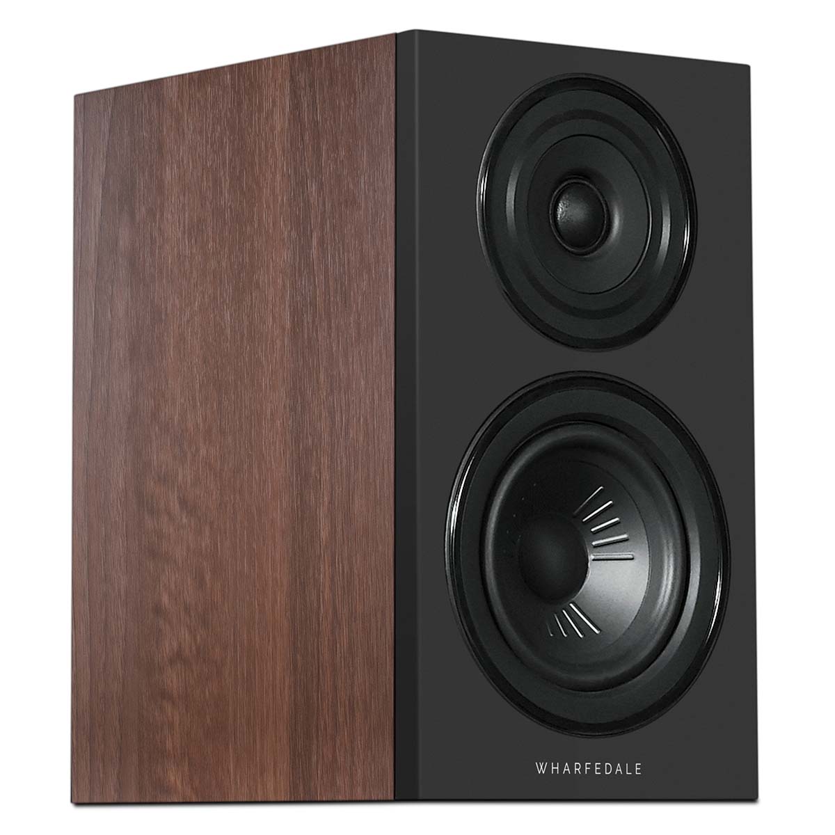 Wharfedale Diamond 12.1i 2-Way Bookshelf Speakers - single walnut speaker front view angled right without grille