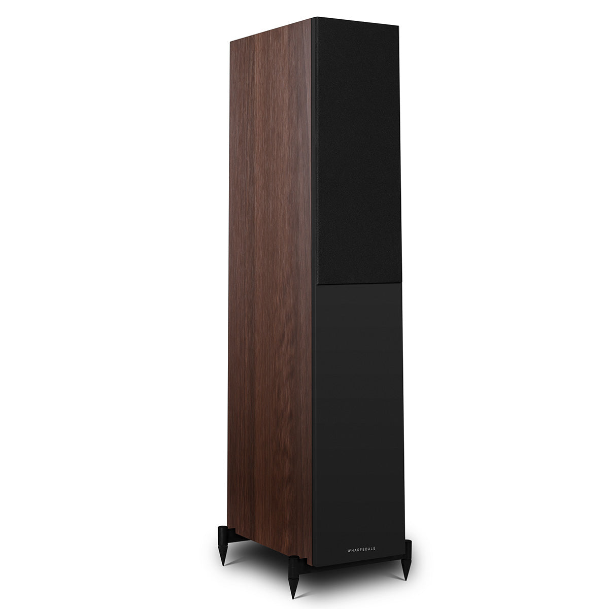 Wharfedale Diamond 12.3i 2.5-Way Floorstanding Speakers - single walnut speaker front view angled right with grille