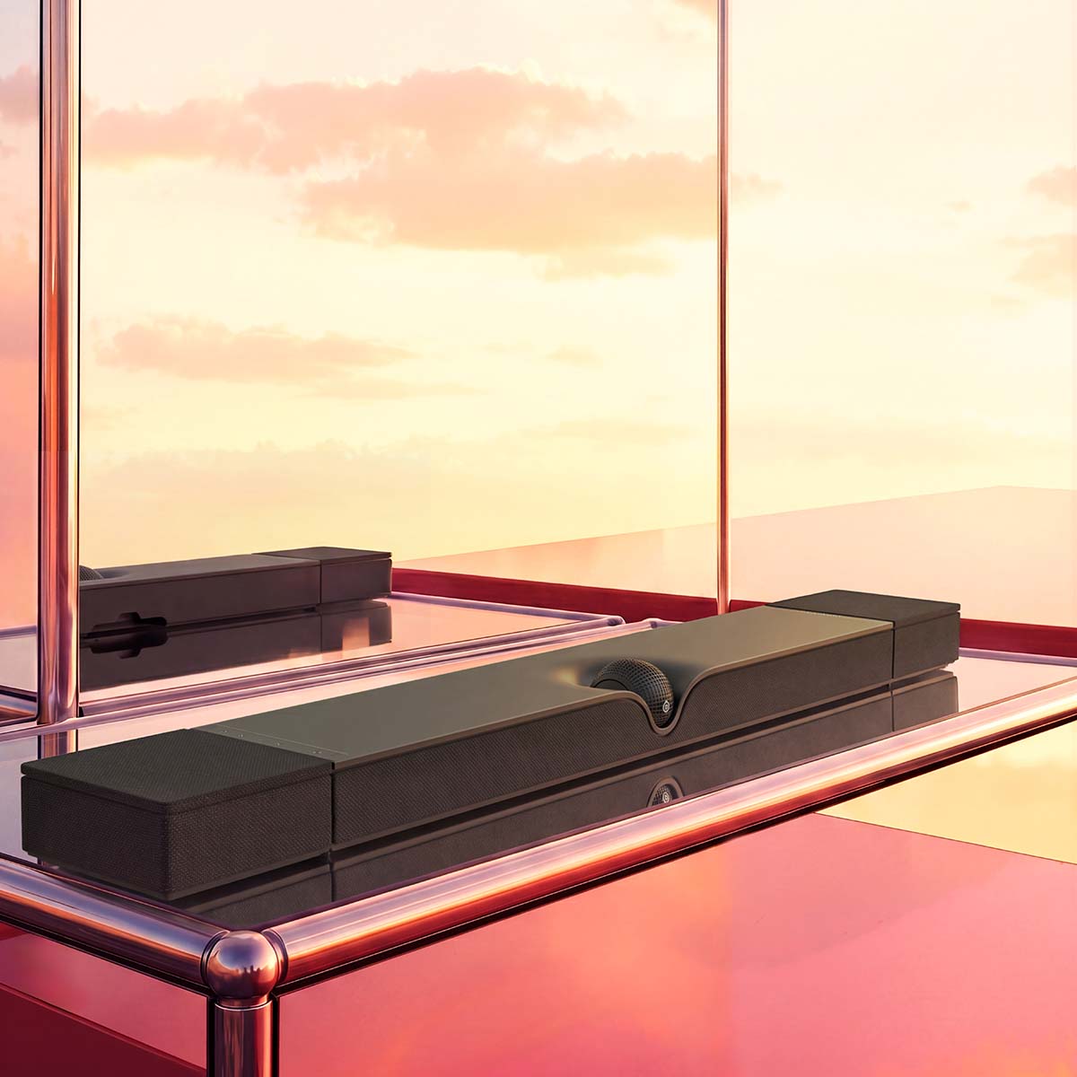 Devialet Dione Dolby Atmos Soundbar - lifestyle photo of soundbar on mirrored cabinet at sunset