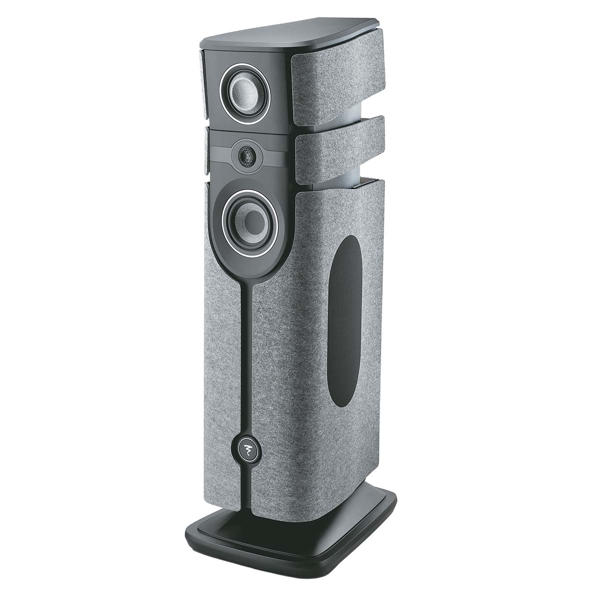 Focal Diva Alta Utopia 4-Way Active Wireless Loudspeaker - single Grey Felt speaker without grilles - front view angled left