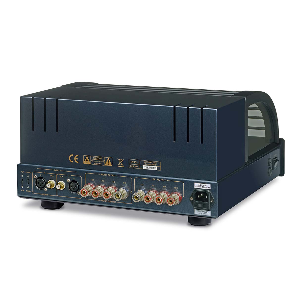 PrimaLuna Evo 400 Tube Power Amplifier - Black - rear view angled left with grille