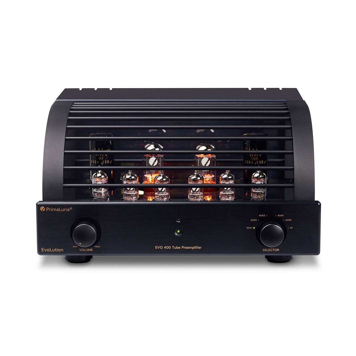 PrimaLuna Evo 400 Tube Preamplifier - Black - front view with grille