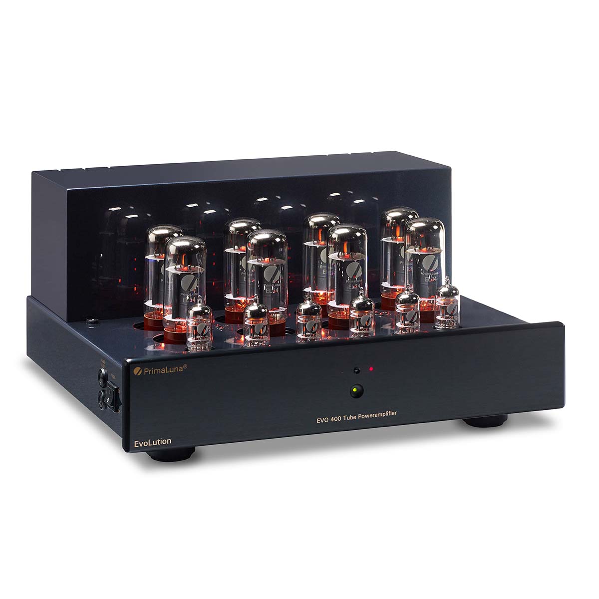 PrimaLuna Evo 400 Tube Power Amplifier - Black - front view angled right without grille