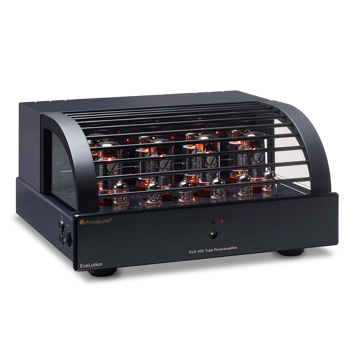 PrimaLuna Evo 400 Tube Power Amplifier - Black - front view angled right with grille
