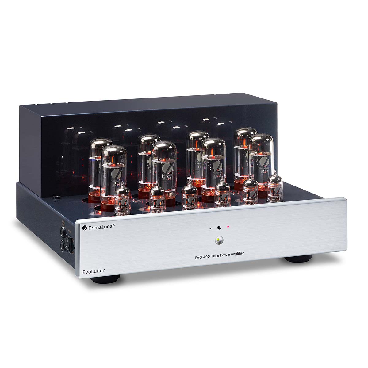 PrimaLuna Evo 400 Tube Power Amplifier - Silver - front view angled right without grille