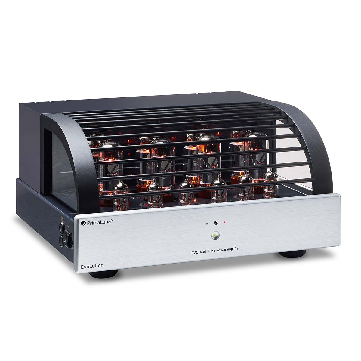 PrimaLuna Evo 400 Tube Power Amplifier - Silver - front view angled right with grille