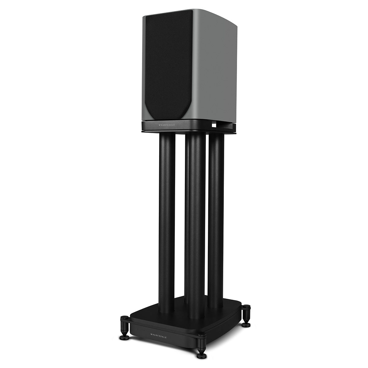 Wharfedale Evo 5.1 5-inch 2-way Bookshelf Speaker - Grey - single speaker on stand with grille angled left