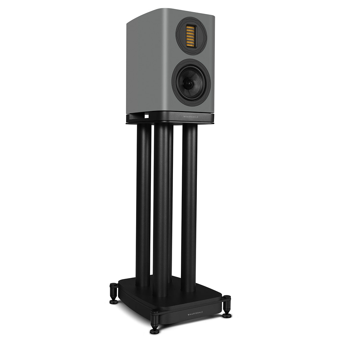 Wharfedale Evo 5.1 5-inch 2-way Bookshelf Speaker - Grey - single speaker on stand without grille angled right