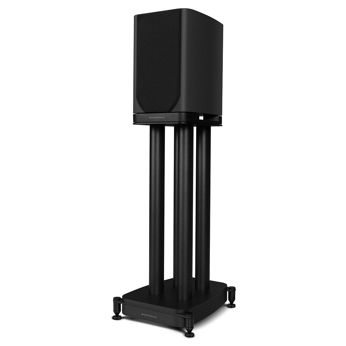 Wharfedale Evo 5.1 5-inch 2-way Bookshelf Speaker - Black - single speaker on stand with grille angled left