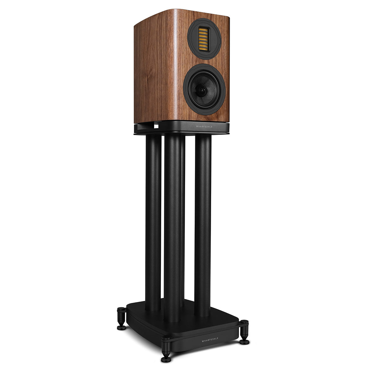 Wharfedale Evo 5.1 5-inch 2-way Bookshelf Speaker - Walnut - single speaker on stand without grille angled right