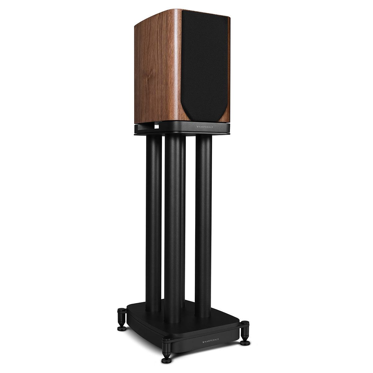 Wharfedale Evo 5.1 5-inch 2-way Bookshelf Speaker - Walnut - single speaker on stand with grille angled right