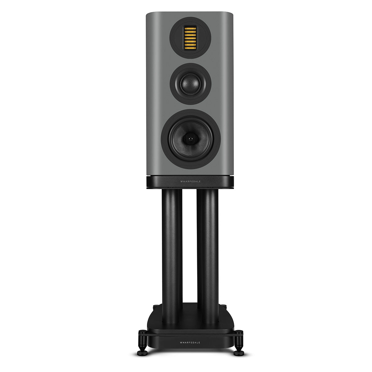 Wharfedale Evo 5.2 6-inch 3-way Standmount Speakers - Grey - single speaker on stand without grille front view