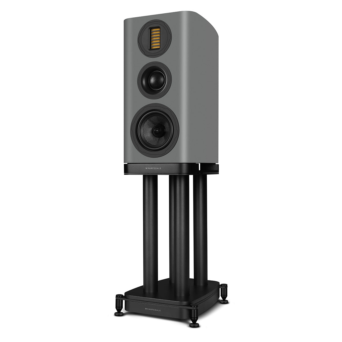 Wharfedale Evo 5.2 6-inch 3-way Standmount Speakers - Grey - single speaker on stand without grille angled left