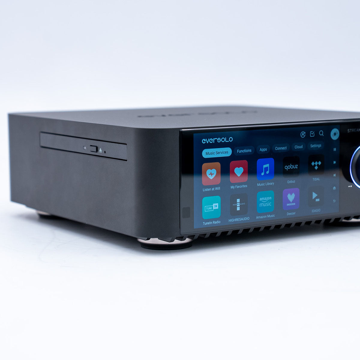 EverSolo Play Streaming Amplifier CD Edition angled right showing CD drive