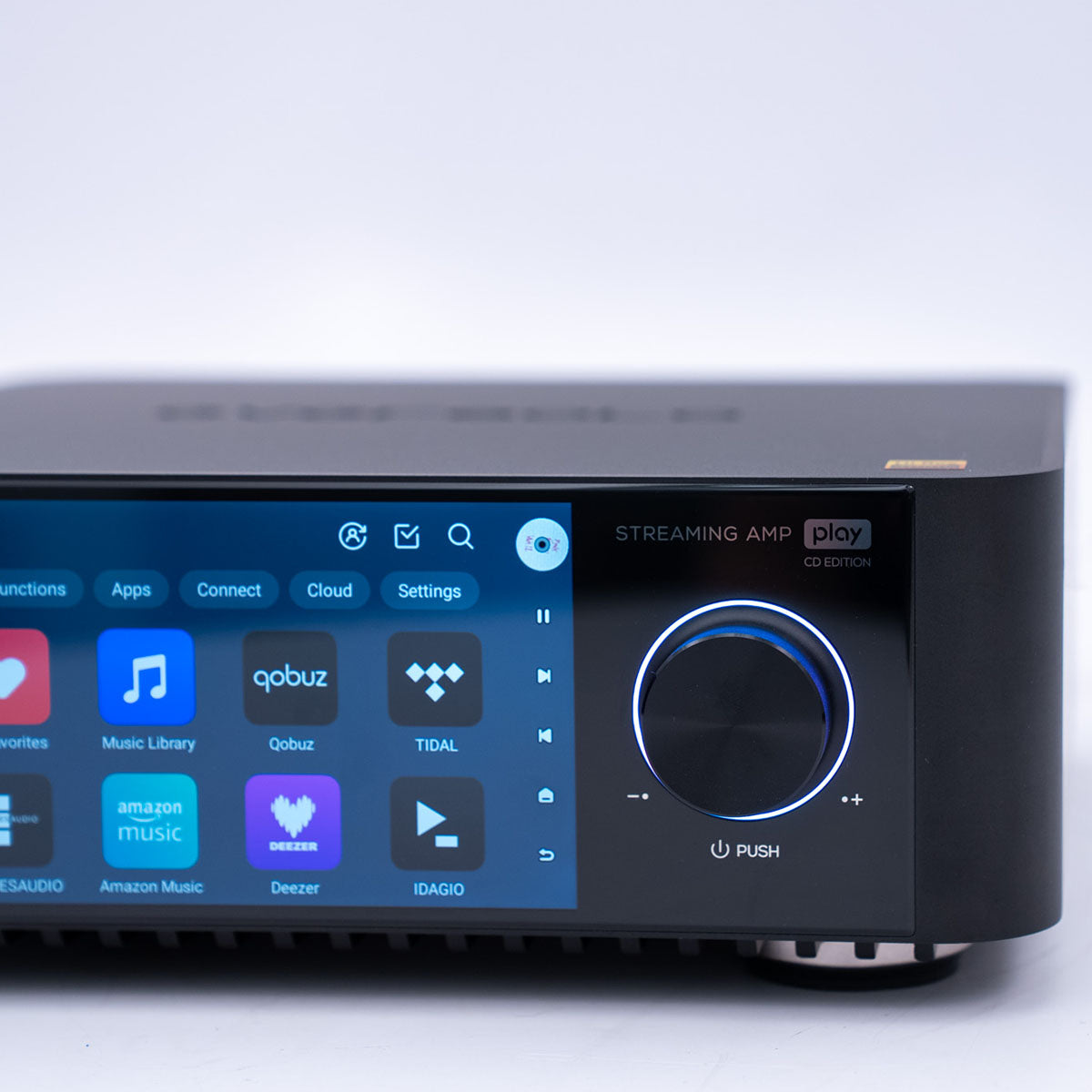 EverSolo Play Streaming Amplifier detail of right side of front panel close-up of control knob