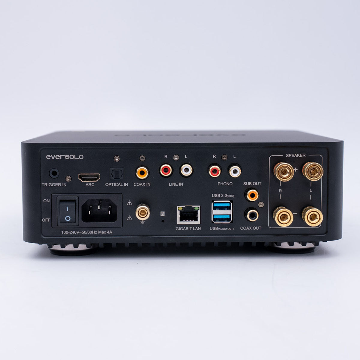 EverSolo Play Streaming Amplifier rear view showing back panel inputs and outputs