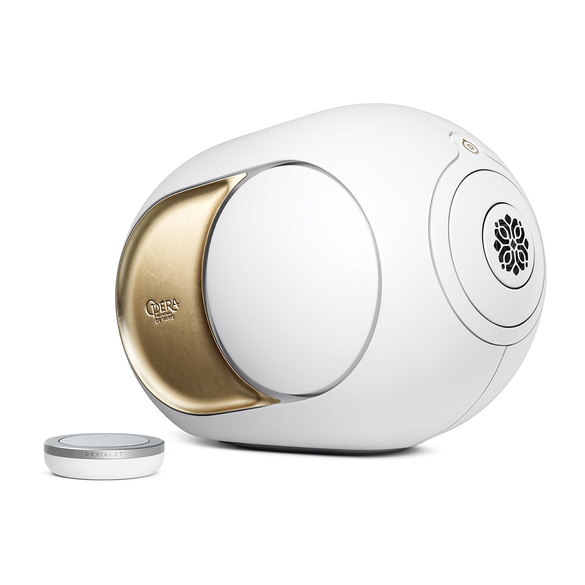 Devialet Phantom Ultimate 108 dB High-End Connected Speaker - Opera de Paris - facing right with remote to left