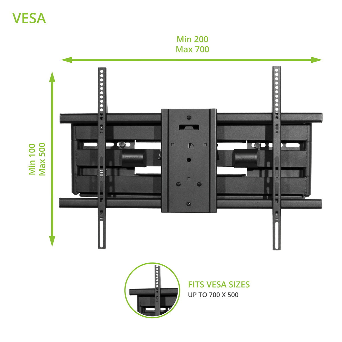 TV wall mount with VESA dimensions on a white background