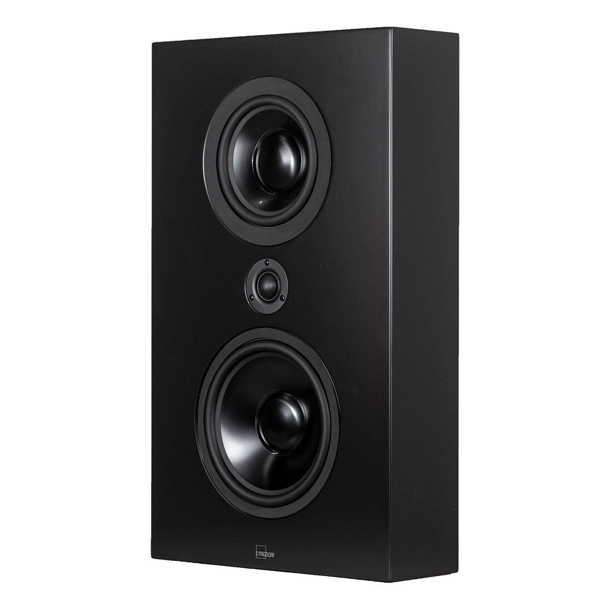 Lyngdorf FR-1 Speaker front view angled left black unit without grille