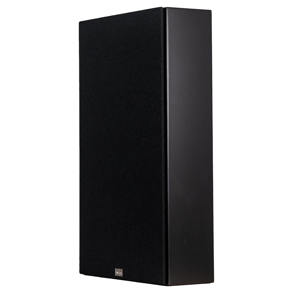Lyngdorf FR-1 Speaker front view angled left black unit with black grille