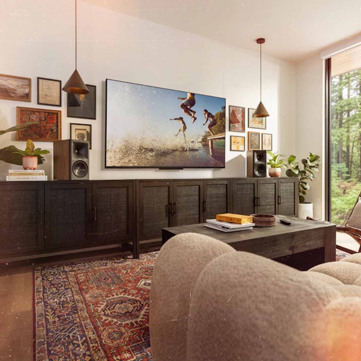 Klipsch The Sevens II Dolby Atmos 6.5" Powered Speakers - Pair - Walnut lifestyle photo pair of speakers on cabinet