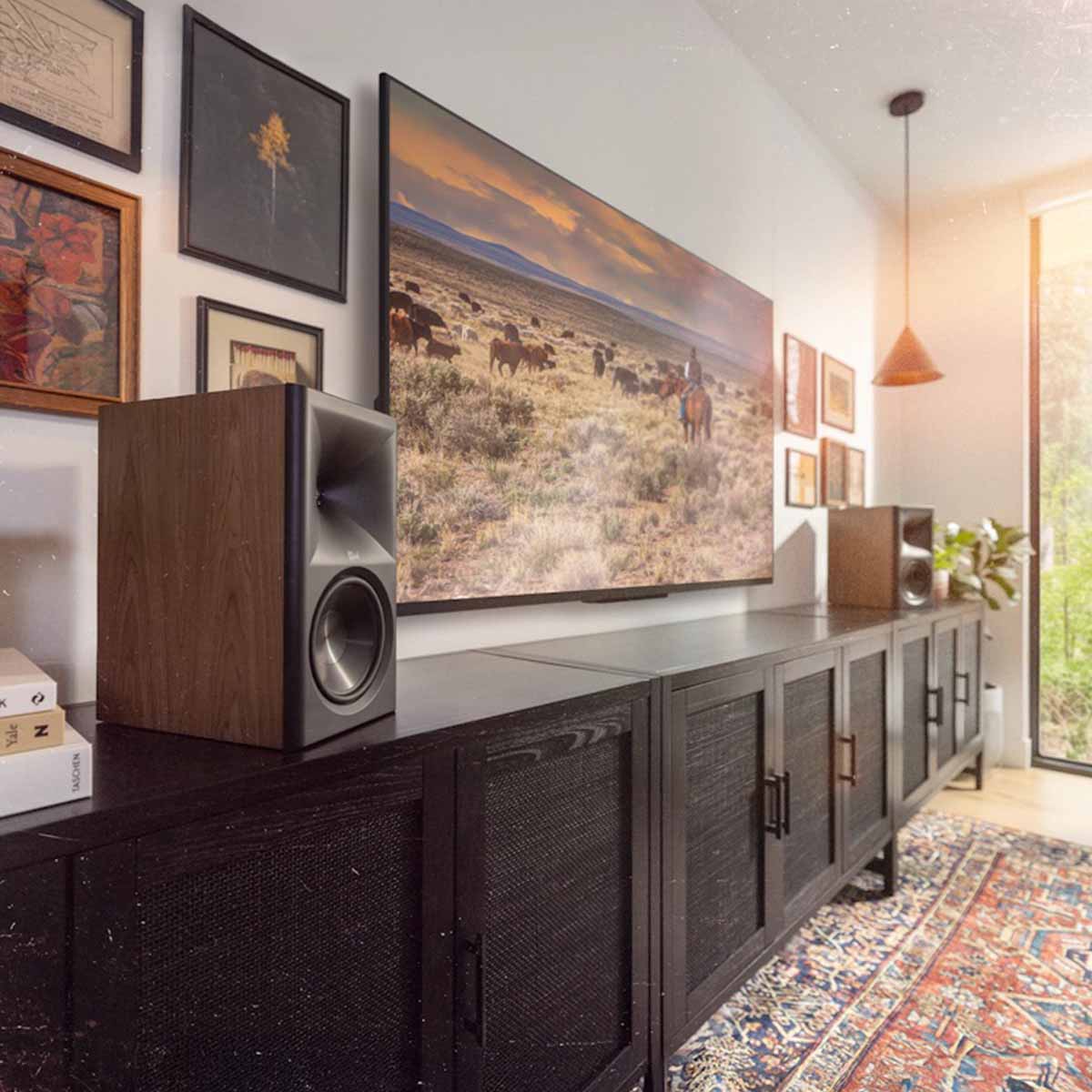 Klipsch The Sevens II Dolby Atmos 6.5" Powered Speakers - Pair - Walnut lifestyle photo pair of speakers on cabinet
