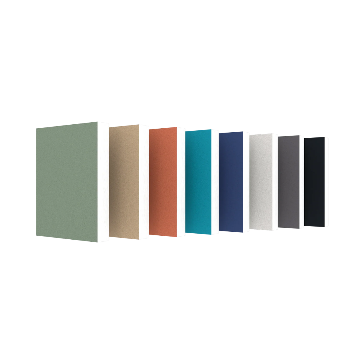 8 vertical rectangular color swatches in muted sage green, beige, terracotta, teal, navy, white, gray, and black, arranged in a row on a plain white background.