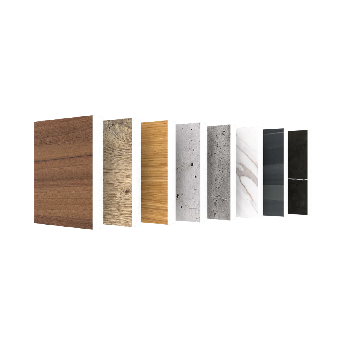 A row of vertical material swatches showing different surface finishes and patterns, including wood grain in brown and tan tones, concrete, white marble, and dark charcoal/black options, on a plain white background.