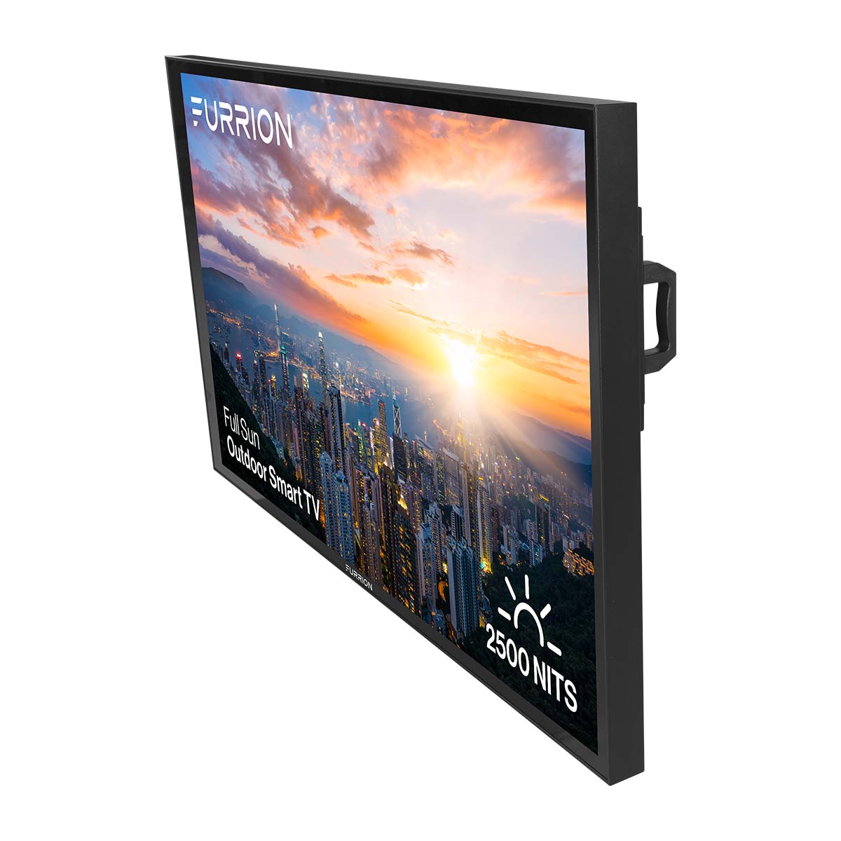 Furrion Aurora Pro Series Full Sun 4K Smart Outdoor TV - front and side view angled left with text and image of city on screen