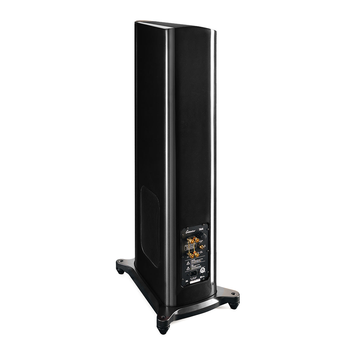 GoldenEar T44 Hybrid Floorstanding Loudspeaker - Piano Black - single speaker rear view angled right