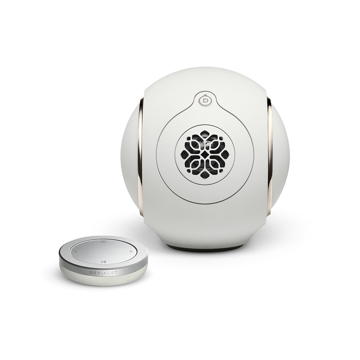 Devialet Phantom Ultimate 98 dB High-End Connected Speaker - Light Pearl - front view with remote to left