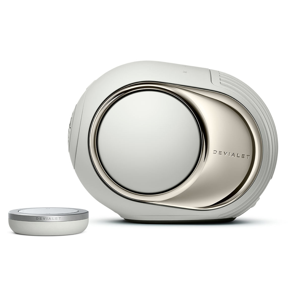 Devialet Phantom Ultimate 98 dB High-End Connected Speaker - Light Pearl - facing left with remote to left