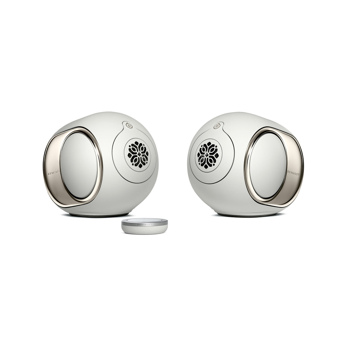 Devialet Phantom Ultimate 98 dB High-End Connected Speaker - Light Pearl - pair of speakers facing inward with remote center left