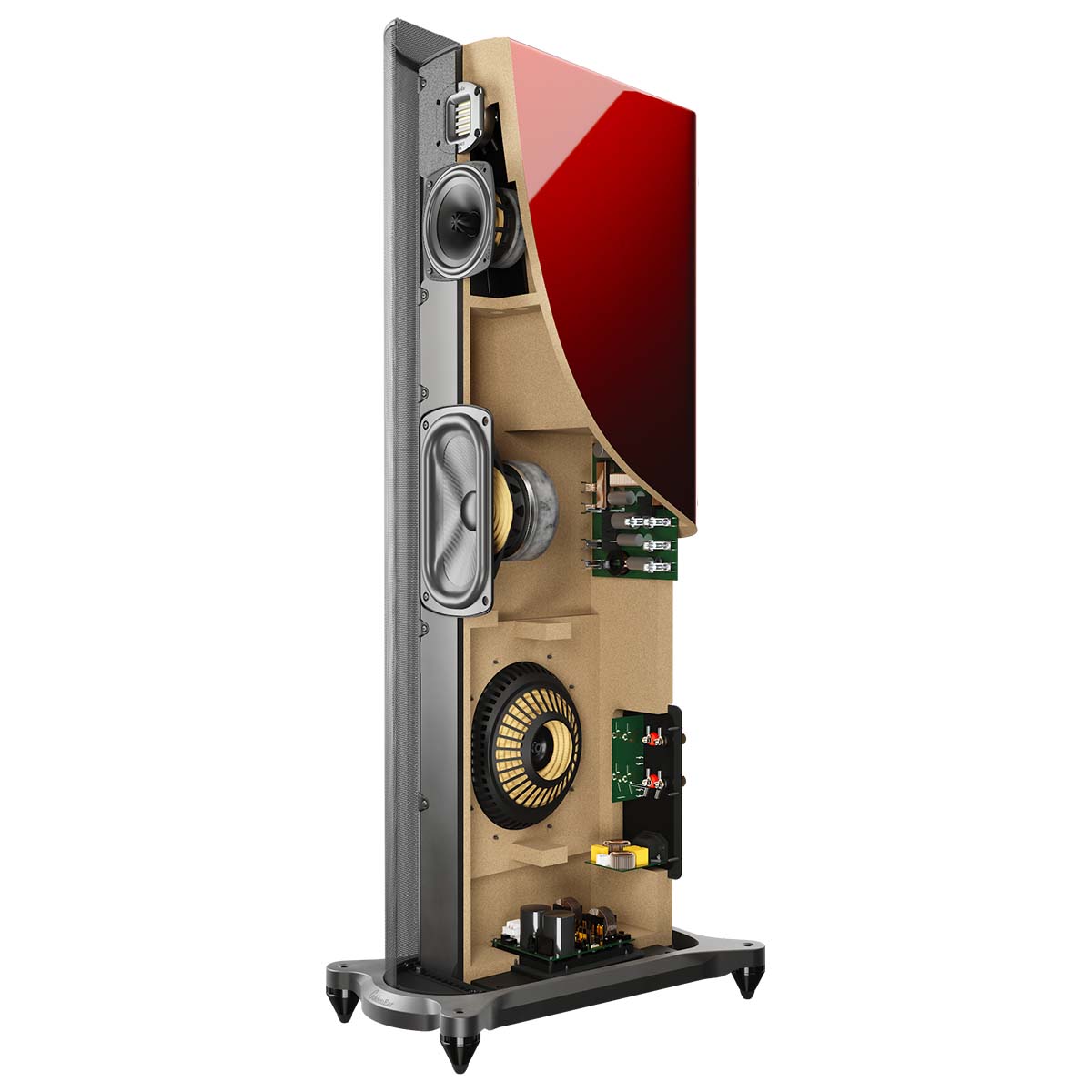 GoldenEar T44 Hybrid Floorstanding Loudspeaker - Santa Barbara Red - single speaker cutaway rendering showing internal components angled left