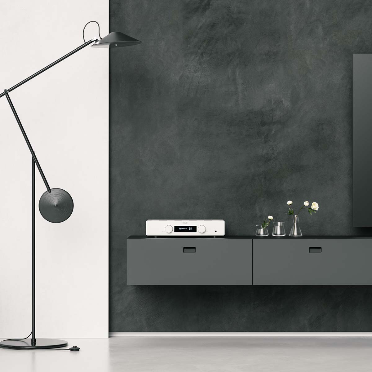 Hegel H120 Integrated Amplifier - white - lifestyle shot of unit in living room on shelf front view