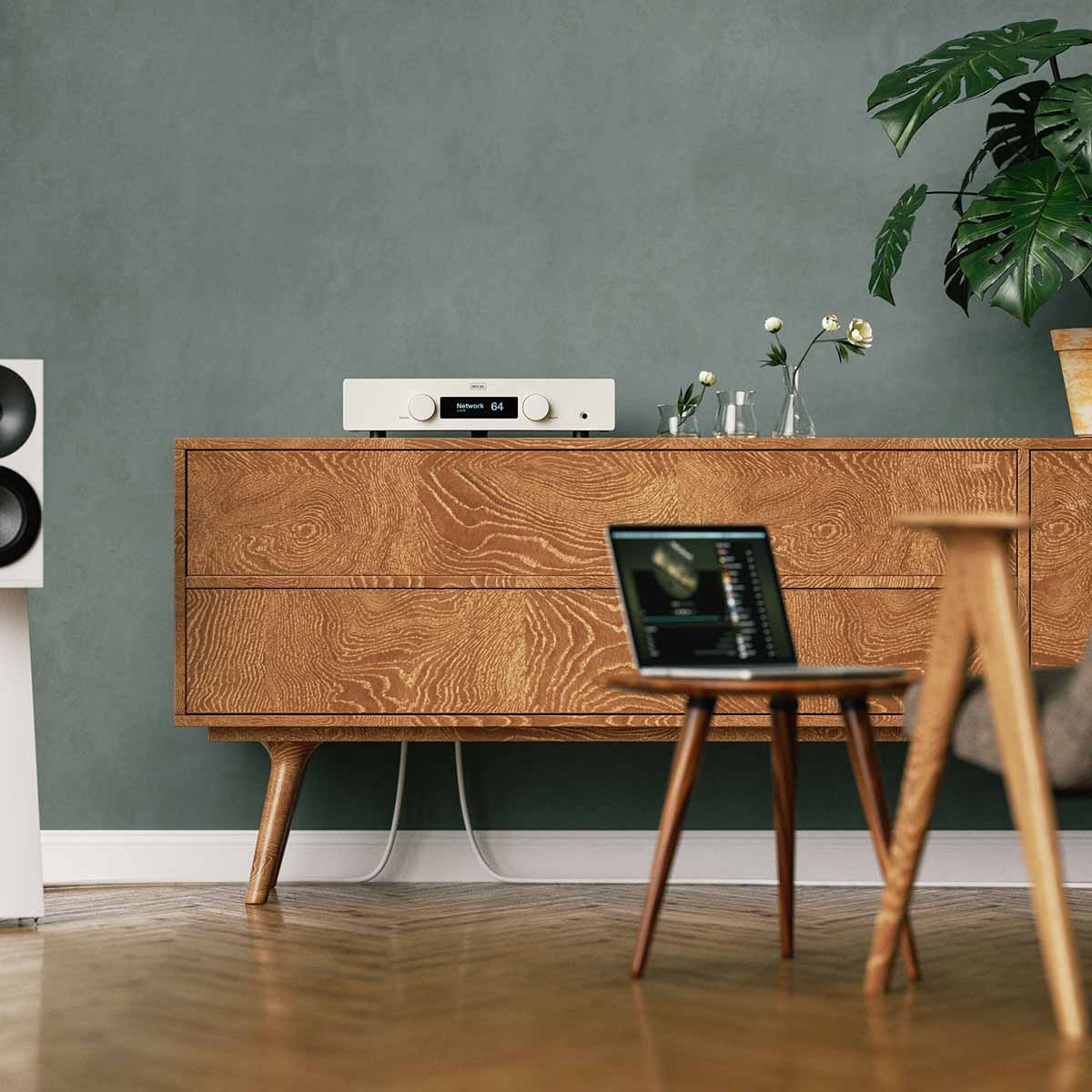 Hegel H120 Integrated Amplifier - white - lifestyle shot of unit in living room on cabinet front view